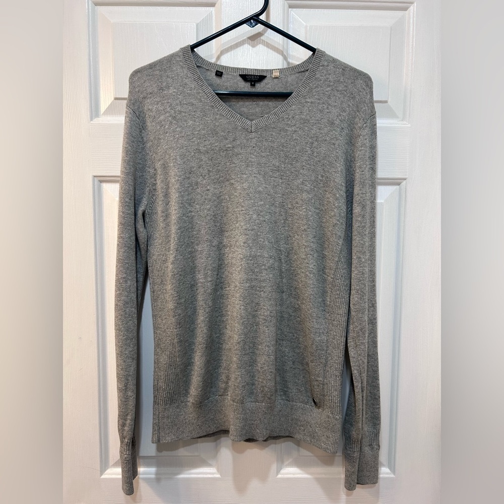Men's Guess Y2K Pullover Sweater Gray‎ V Neck Long Sleeve 100% Cotton Size M